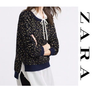 Zara Leopard Side Slit Fuzzy Knit Sweater Navy Gol